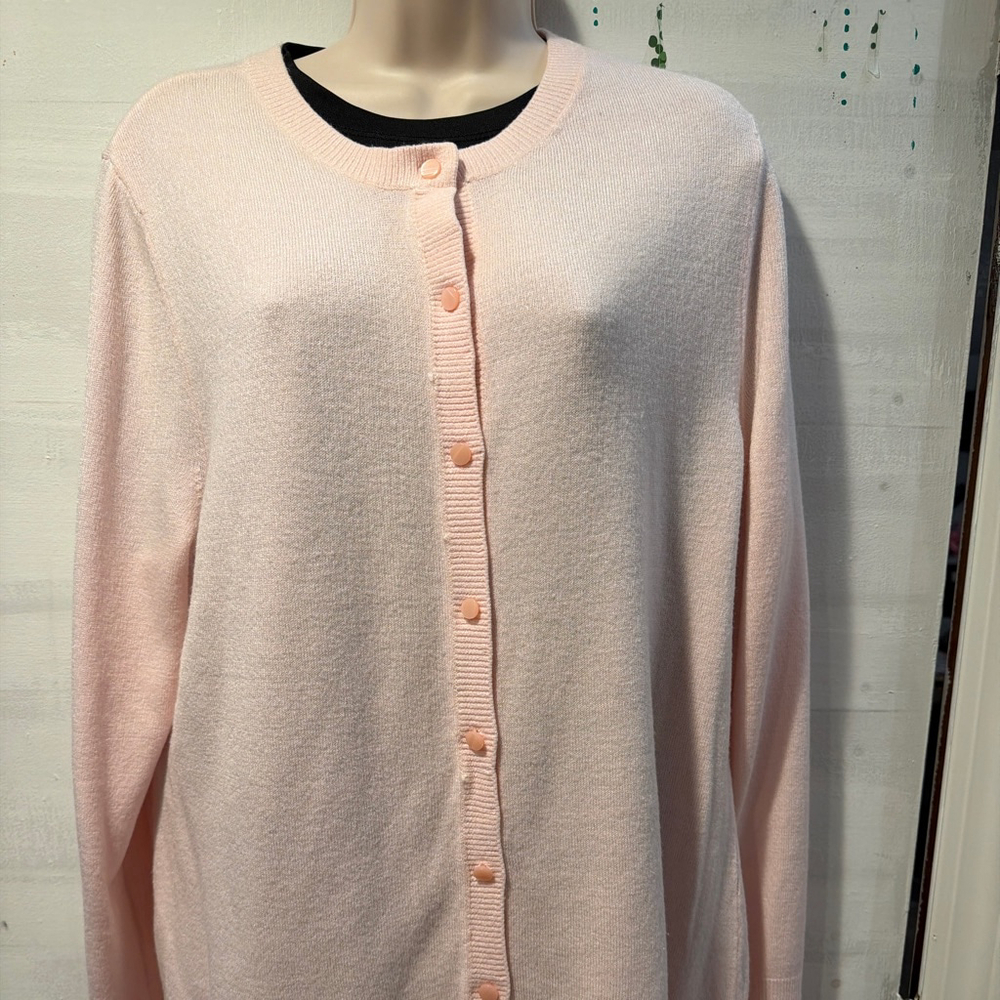 Soft pink sweater cardigawith pearl essence pink buttons, Croft and borrow brand